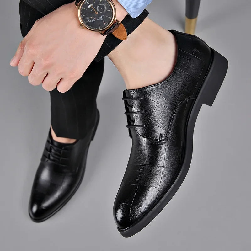 Spring 2025 Men's Leather Shoes Genuine Leather Business Formal Increased Height Wedding Groomsmen Pointed Toe Marital Shoes