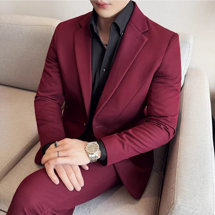 (Jacket+Pant) New Men Pure Color Business Social Wedding Party Suit Fashion Male Banquet Party Slim Fit Dress Blazer and Trouser