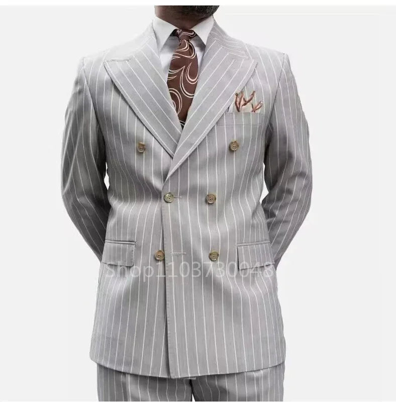 2 Piece Formal Light Grey Striped Men  Wedding Suit Peak Lapel Groom Tuxedo Slim Fit Business Suits Costume Homme For Party Prom