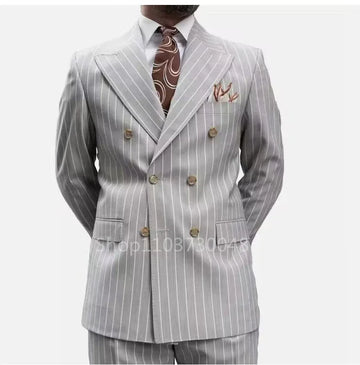 2 Piece Formal Light Grey Striped Men  Wedding Suit Peak Lapel Groom Tuxedo Slim Fit Business Suits Costume Homme For Party Prom