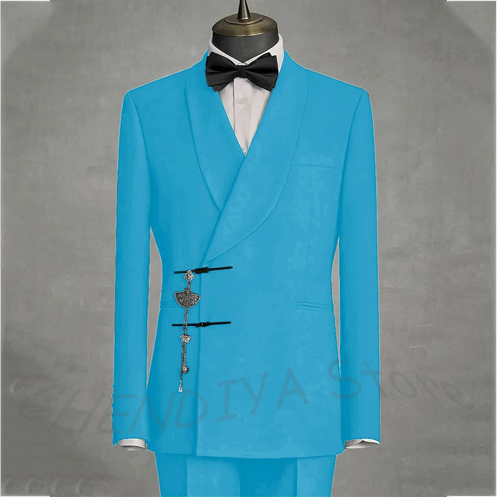 Solid Black Men's Suits Slim Fit Double Button Business Pants Suit Tailored Prom Party Wedding 2 Piece Jacket With Pants