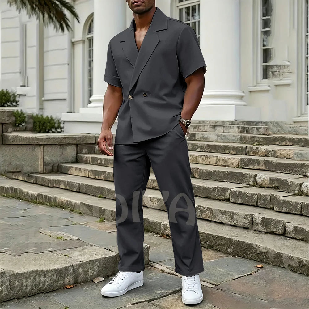 Stylish Men's 2 Piece Sets Notch Lapel Double Button Short Sleeves Blazer Suit Straight Fit Summer Casual Fashion Outfit