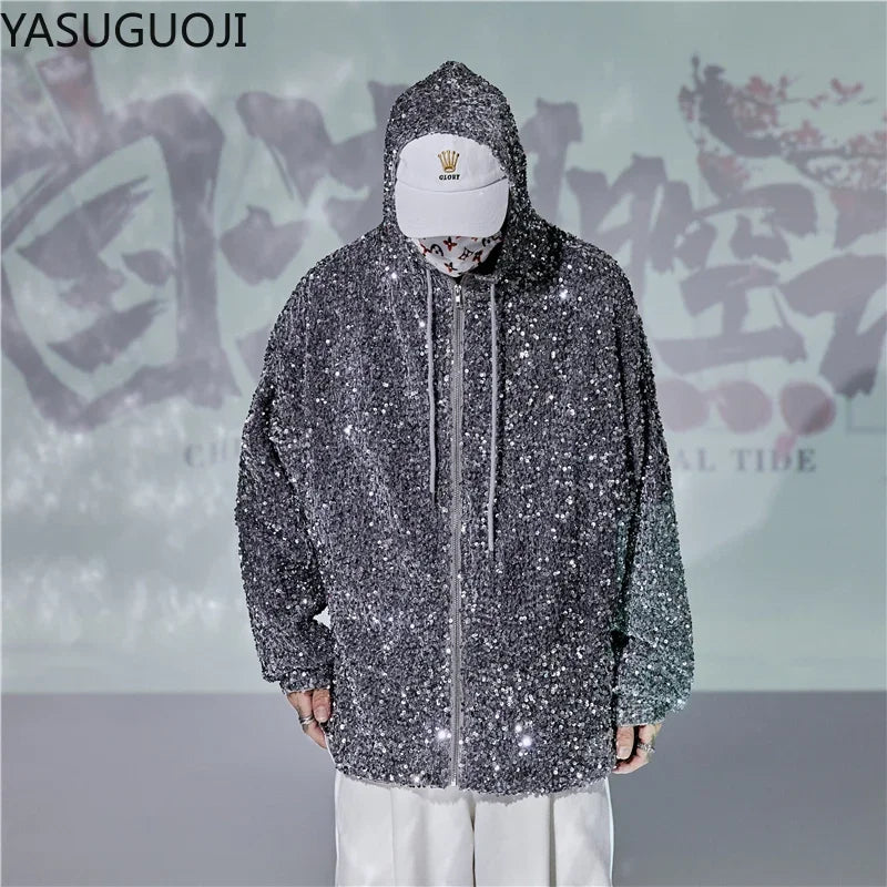 YASUGUOJI New 2024 Fashion Men's Sequined Jackets Bling Glitter Bomber Jacket Coat Hip Hop Tops Singer Nightclub Clothing Man