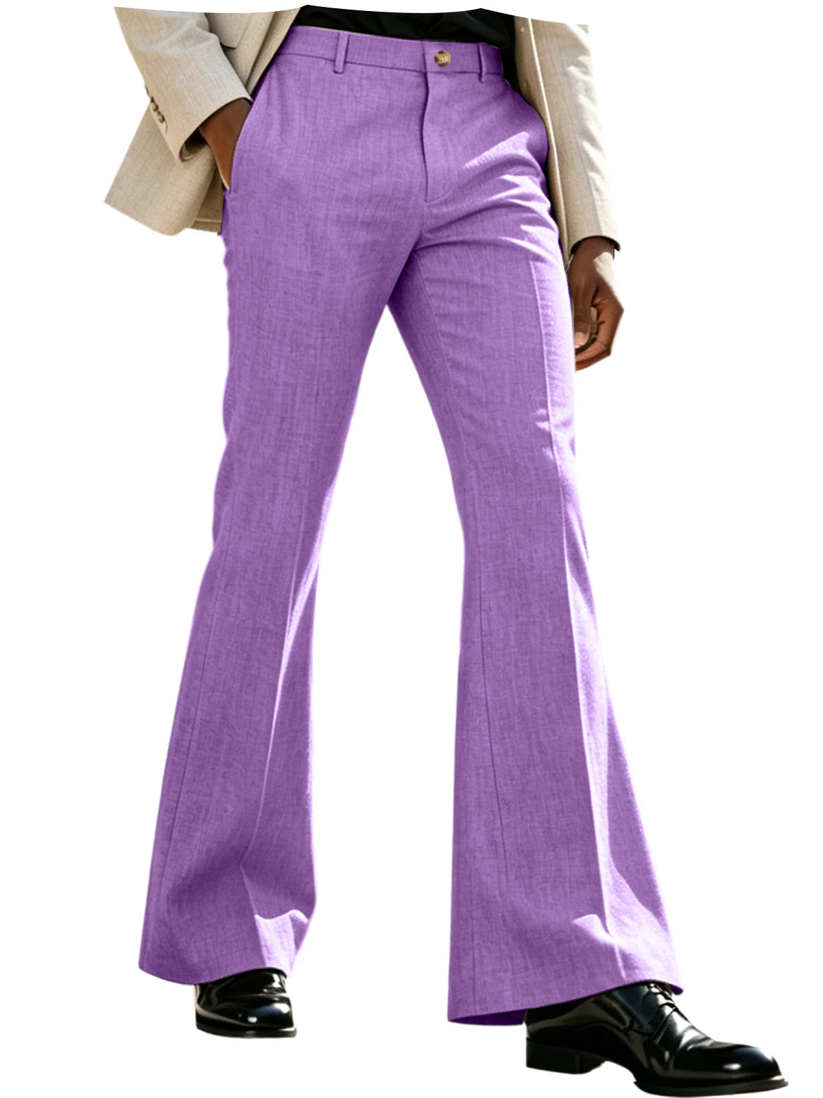 Men's Beige Linen Flare Pants High Waist Bell Bottom Lightweight Wrinkle Resistant Slim Fit Trousers For Summer Business Casual