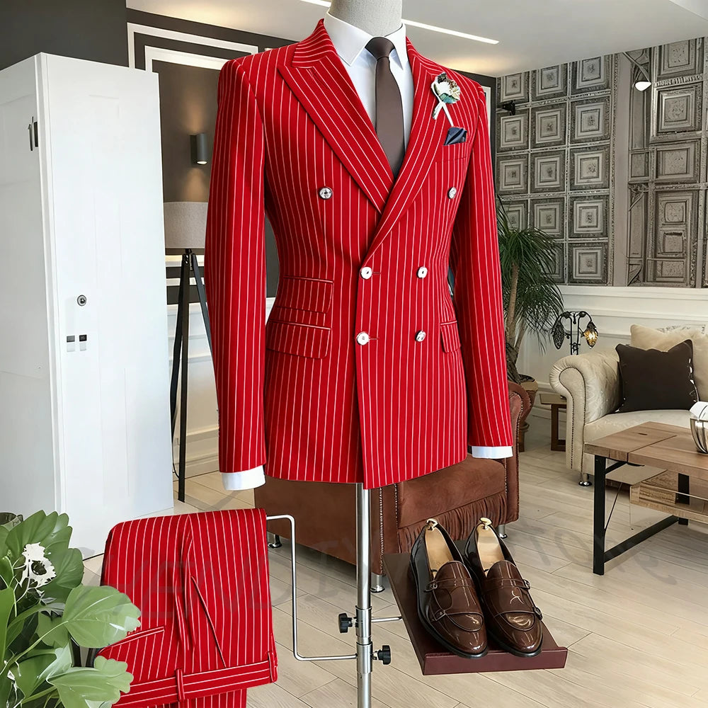 Brown Striped Men Suits Double Breasted Formal Outfits 2 Piece Male Clothing Business Casual Tailored Party Prom Jacket Pants
