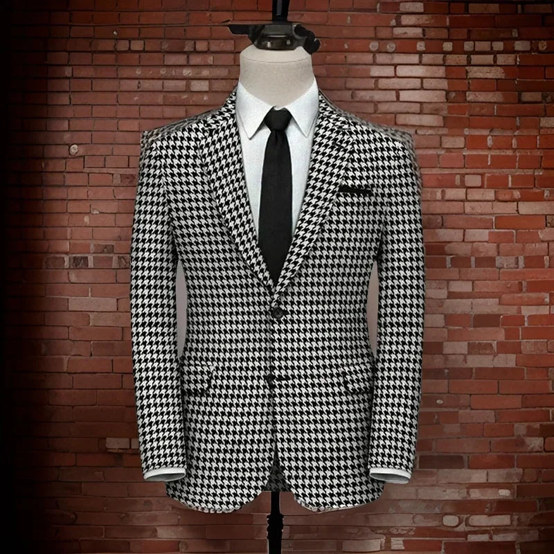 Plaid Blazer For Men 1 PCS Suit Jacket With Side Slit Slim Fit Houndstooth Checked Casual Coat 2025
