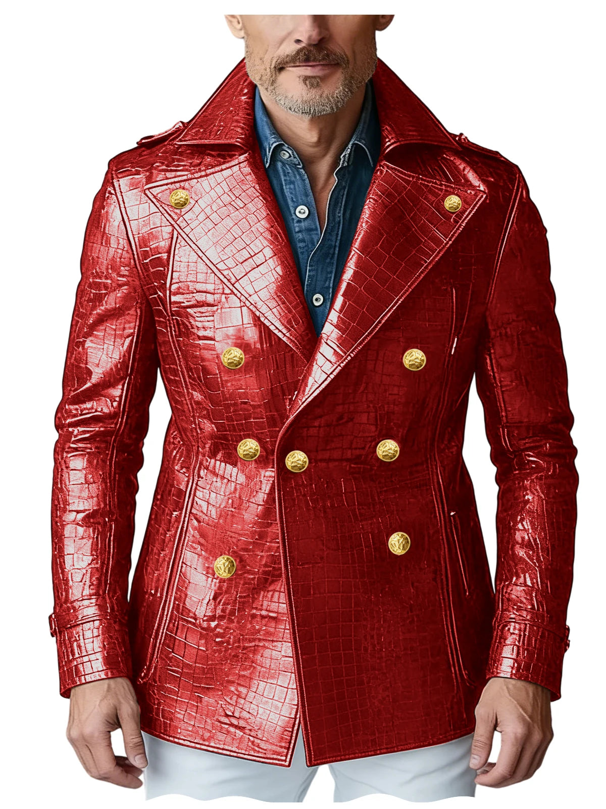 Men's Crocodile Embossed Leather Blazer Double Breasted Trench Coat Wide Lapel Gold Button Slim Fit Jacket For Four Season