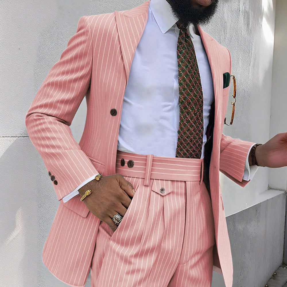 Brown Stripe Men Suits 2 Piece Chic Double Breasted Business Casual Outfits Fashion Peak Lapel Wedding Tuxedo (Jacket+Pants)