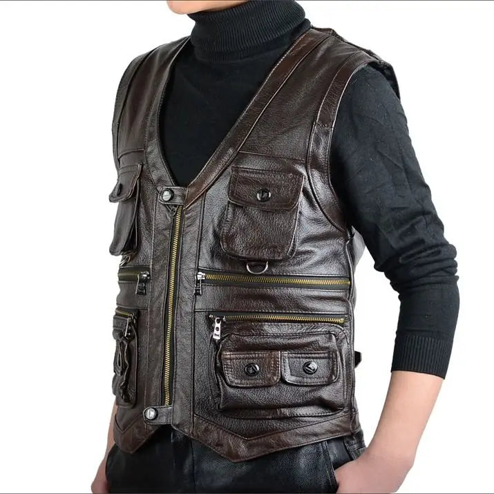 Cowhide Genuine Leather Vest Men Brown Waistcoat Male Sleeveless Jacket Thick High Quality Motorcycle Vest Multi Pocket Zipper