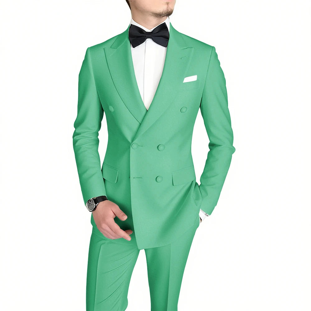 Classic Black Men's Suit Fashion Peak Lapel Double Breasted Outfits Wedding Groom Prom Business Formal Suit (Jacket+Pants)