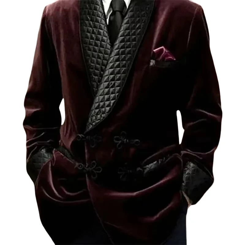 Velvet Smoking Jacket 1 Pc With Mandarin Buttons Shawl Lapel Long Casual Business Blazer Male Fashion Coat 2025