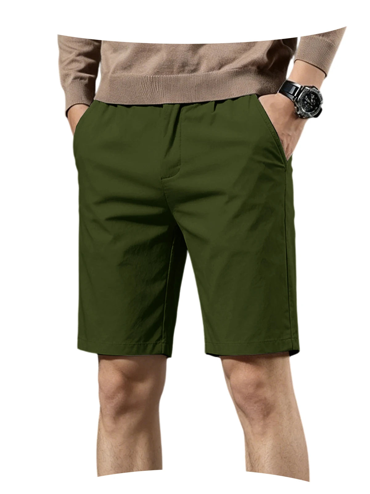 Men Cotton Solid Knee Length Bermuda Shorts Straight Chino Shorts Front Back Pockets Breathable Summer Beach Daily Casual Shorts