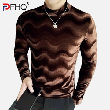 PFHQ Wave Patterned Pleuche Long Sleeved Men's T-shirt Slim Niche Design Mock Neck Solid Color Slim Male Clothing 2025 21Z9024