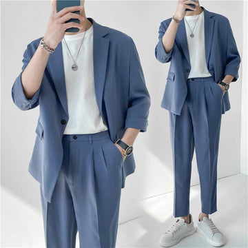 2022 Fashion Summer 2-piece Set Solid Color Single-breasted Casual Simple Student Wear Homme Loose Suits Wear (Blazers + Pants)