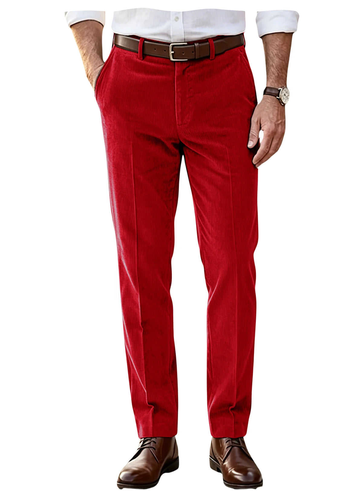 Men's Khaki Corduroy Pants Straight Leg Classic Fit Elastic Waist Comfort Wrinkle Resistant Formal Trousers For Business Office