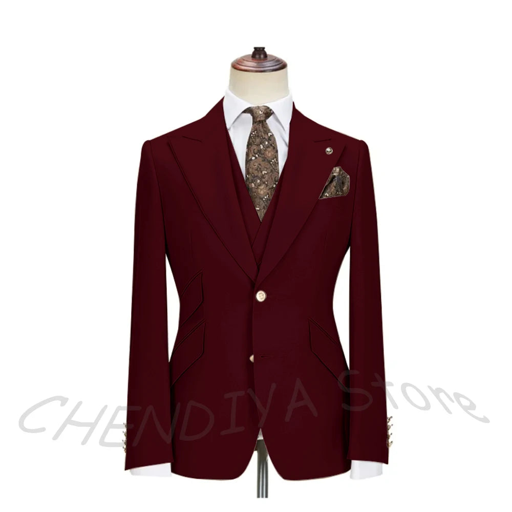 Solid Color Men's Suits 3 Piece (Blazer+Pants+Vest) Fashion Peak Lapel Single Breasted Prom Male  Business Casual Clothing