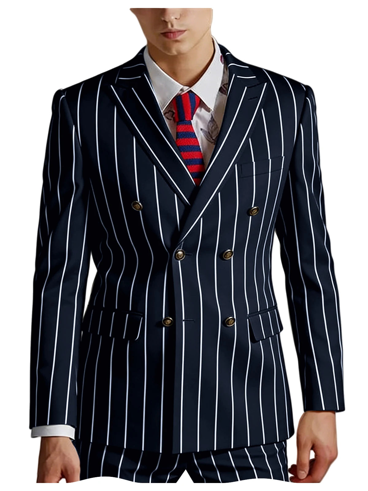 Men's Pinstripe 2 Piece Suit Set Double Breasted Peak Lapel Slim Fit Striped Tuxedo Suit For Wedding Prom Business Formal