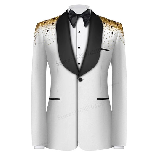 W01 Luxo 2 peças Tuxedo Blazer masculino de luxo de um botão de cetim Lapel largo Formal Mertes Diamantes Party Ivory Wedding noivo