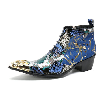 Men's Metal Pointed Chelsea Boots Ankle Boots Lace Up Zipper Leather High Heels Party Dance Dress Shoes