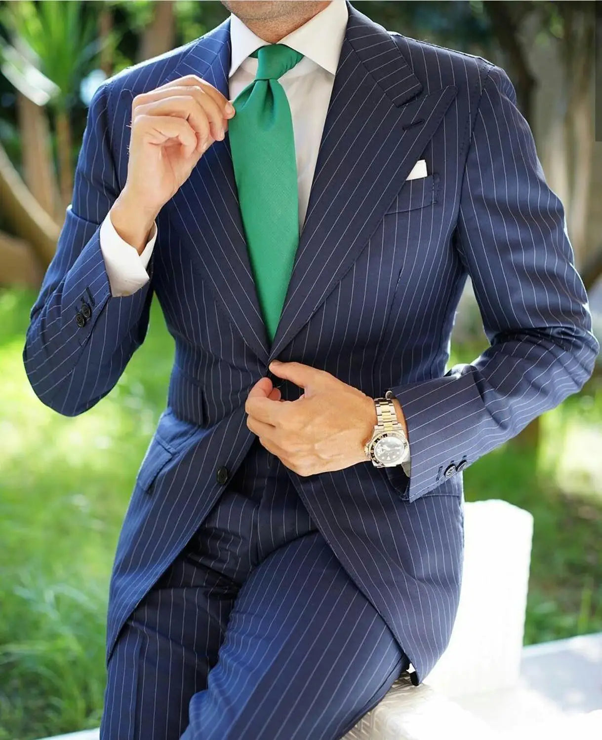 Hot Sale Navy Pinstripe Men's Suits Fashion Peaked Lapel Two Button Groom Wedding Business Prom Party Male Suit (Jacket+Pants)