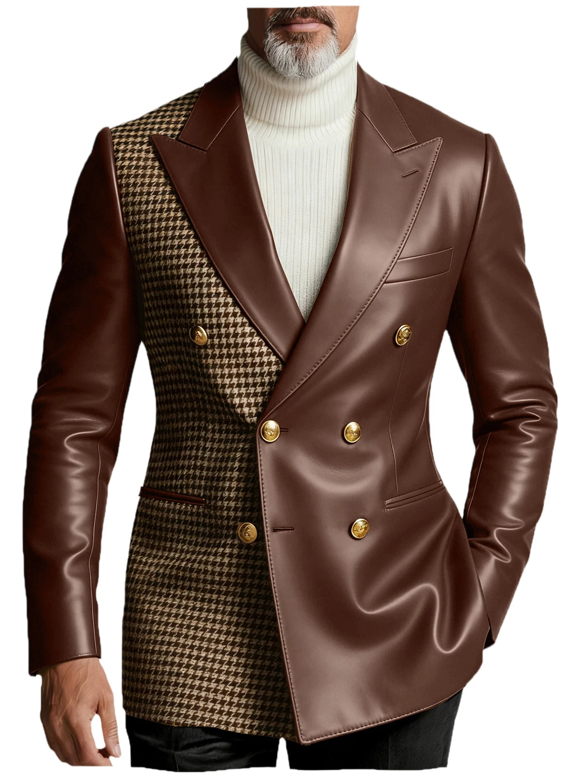 Men's Houndstooth Faux Leather Patchwork Blazer Jacket Double Breasted Peak Lapel Gold Button Slim Fit Suit For Business Casual