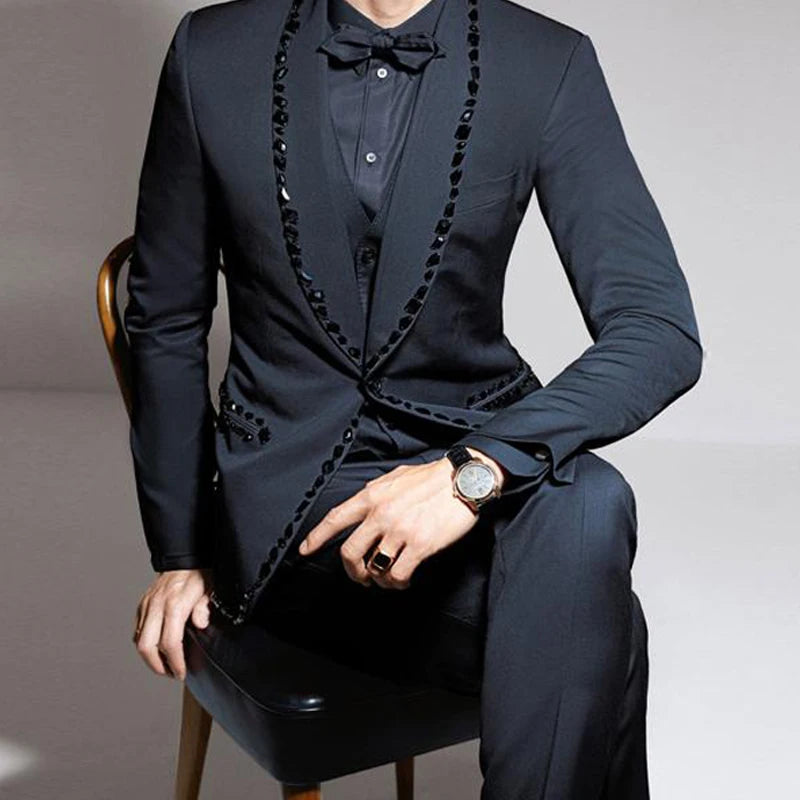 Navy Blue Rhonestone Men Suits Stunning 3 Piece Groom Tuxedo For Wedding Prom With Shawl Lapel Custom Man Fashion Clothes 2024