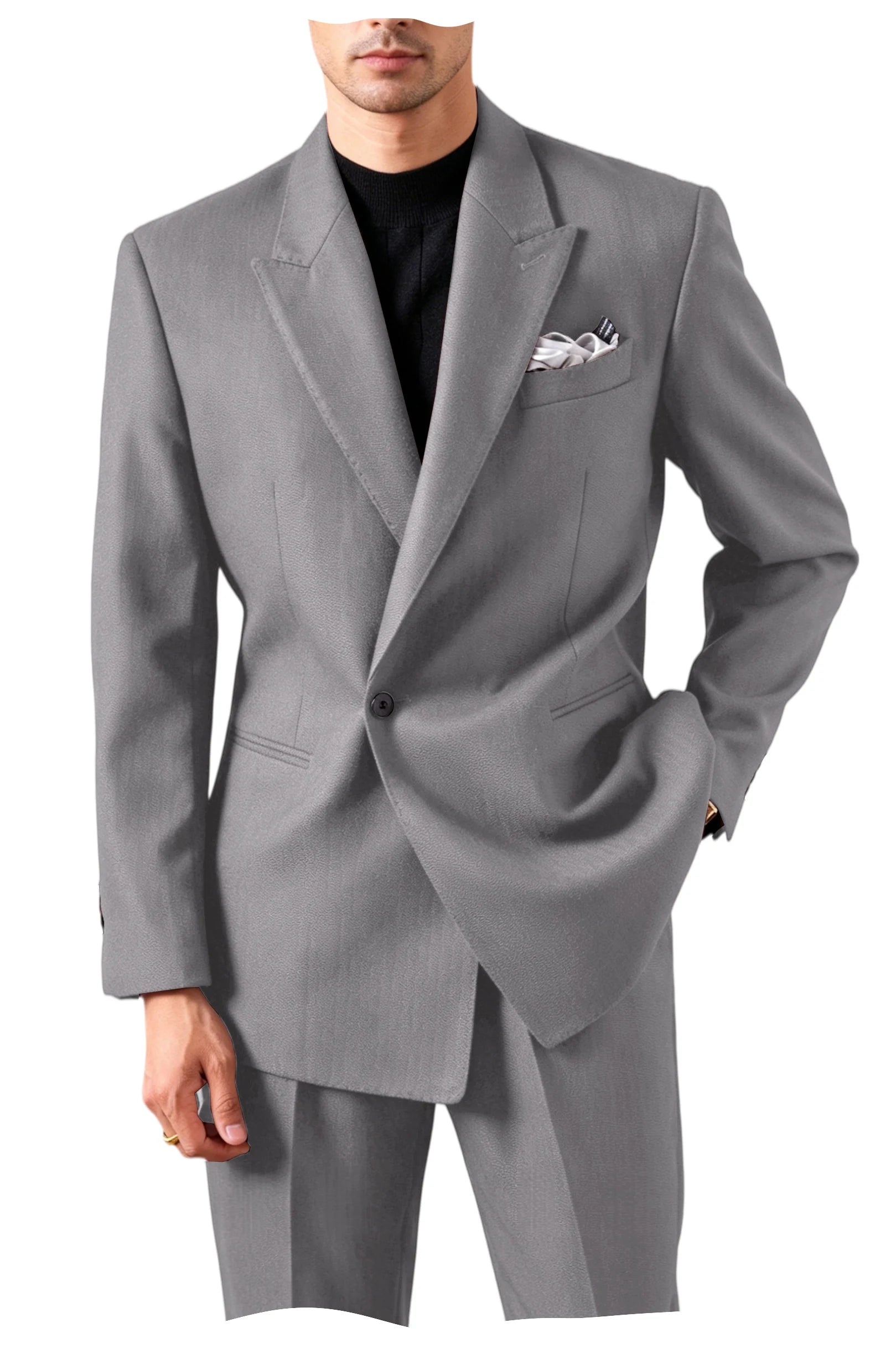 Men's Serge Suit Set Jacket Premium One Button Peak Lapel Slim Fit Tuxedo 2 Piece Blazer Pants Casual Business Wedding Formal