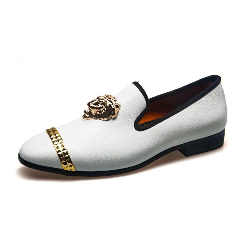 Men's leather loafers, luxury penny slippers, golden lion buckle decorated casual flat shoes, brand dress shoes A25