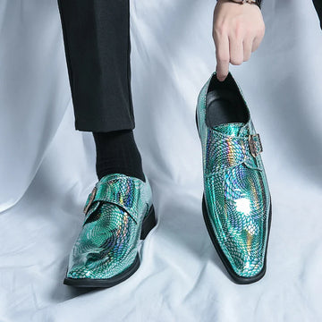 Luxury Glitter Leather Chelsea Shoes Men Green Pointed Toe Slip-on Casual Men's Wedding Party Shoes Social Elegant Man Moccasins