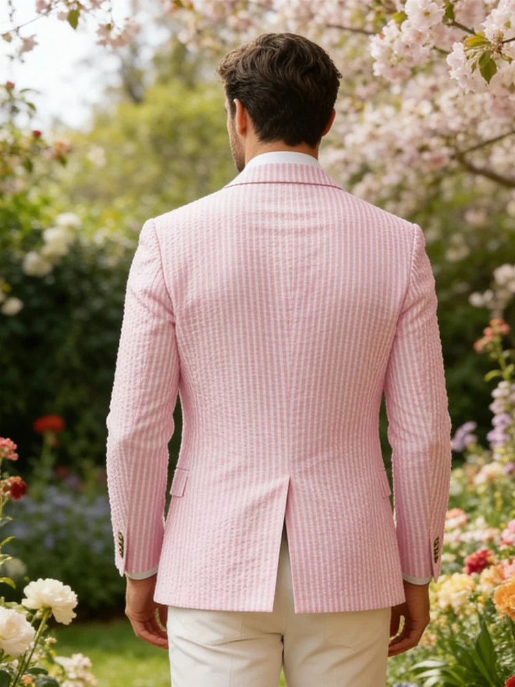 Men's Seersucker Striped Blazer Classic Slim Fit Notch Lapel Business Casual Suit Jacket For Beach Vacation Summer