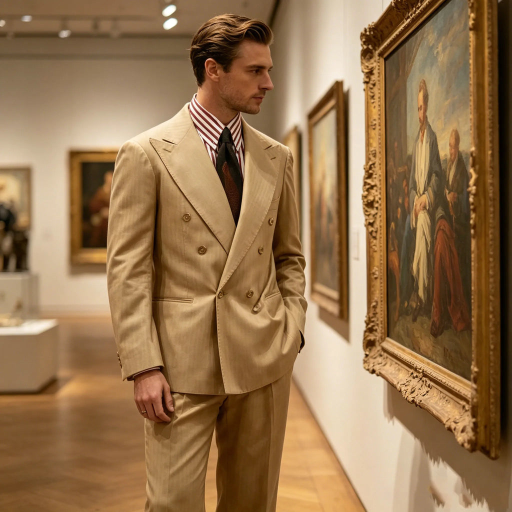 Men's Khaki Suit 2 Piece Set Double Breasted Peak Lapel Blazer Straight Leg Pants Fashion Formal Outfit Business Casual Wedding