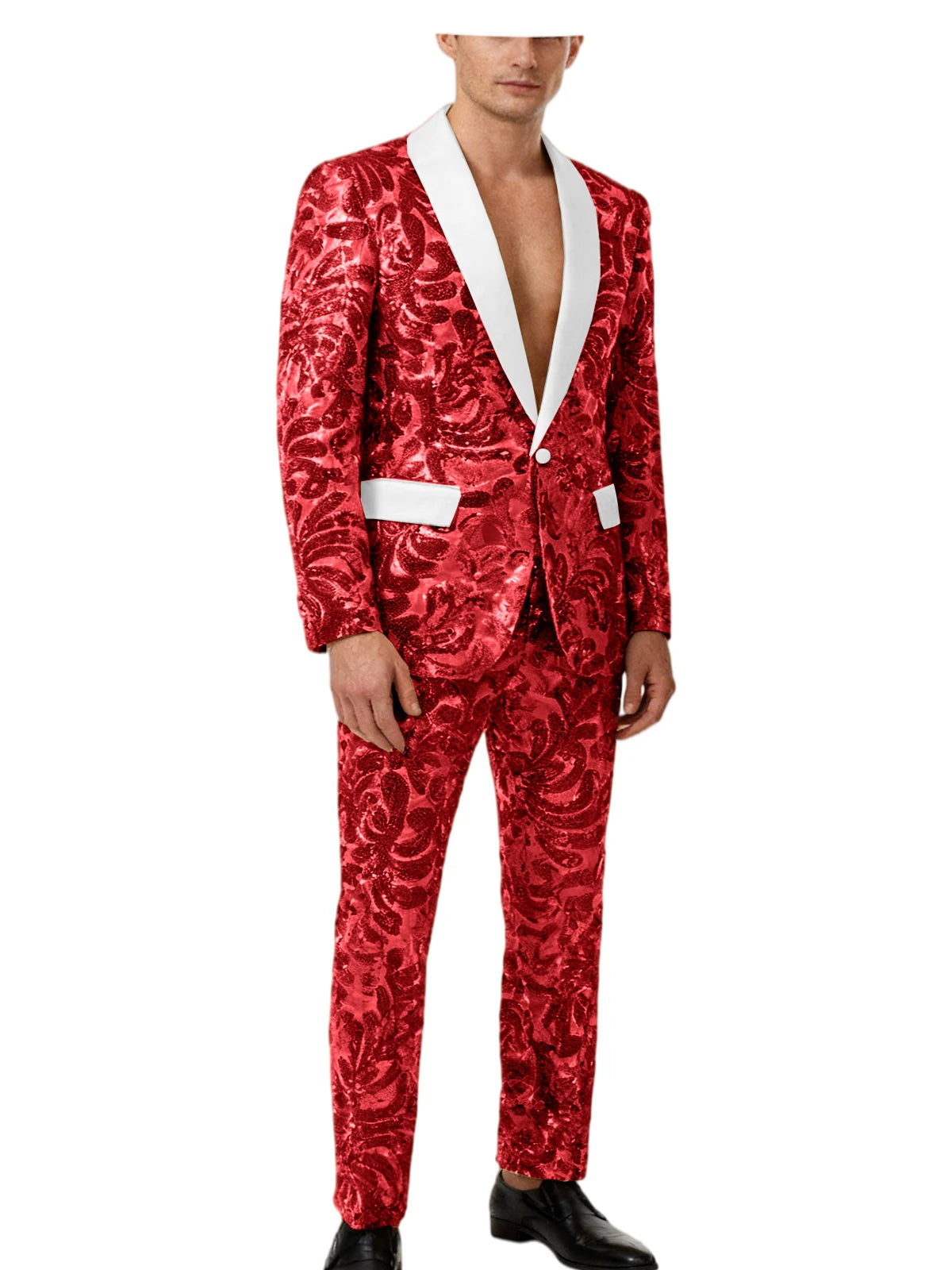 Men's Sequin Paisley Tuxedo Set Suit White Satin Shawl Lapel Slim Fit 2 Piece Blazer+Pants For Wedding Prom Party Suit Plus Size