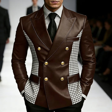 Men’s Brown Leather Blazer With Houndstooth Sides Vintage Two-Tone Double Breasted Slim Fit Gold Buttons Leather Tuxedo Jacket