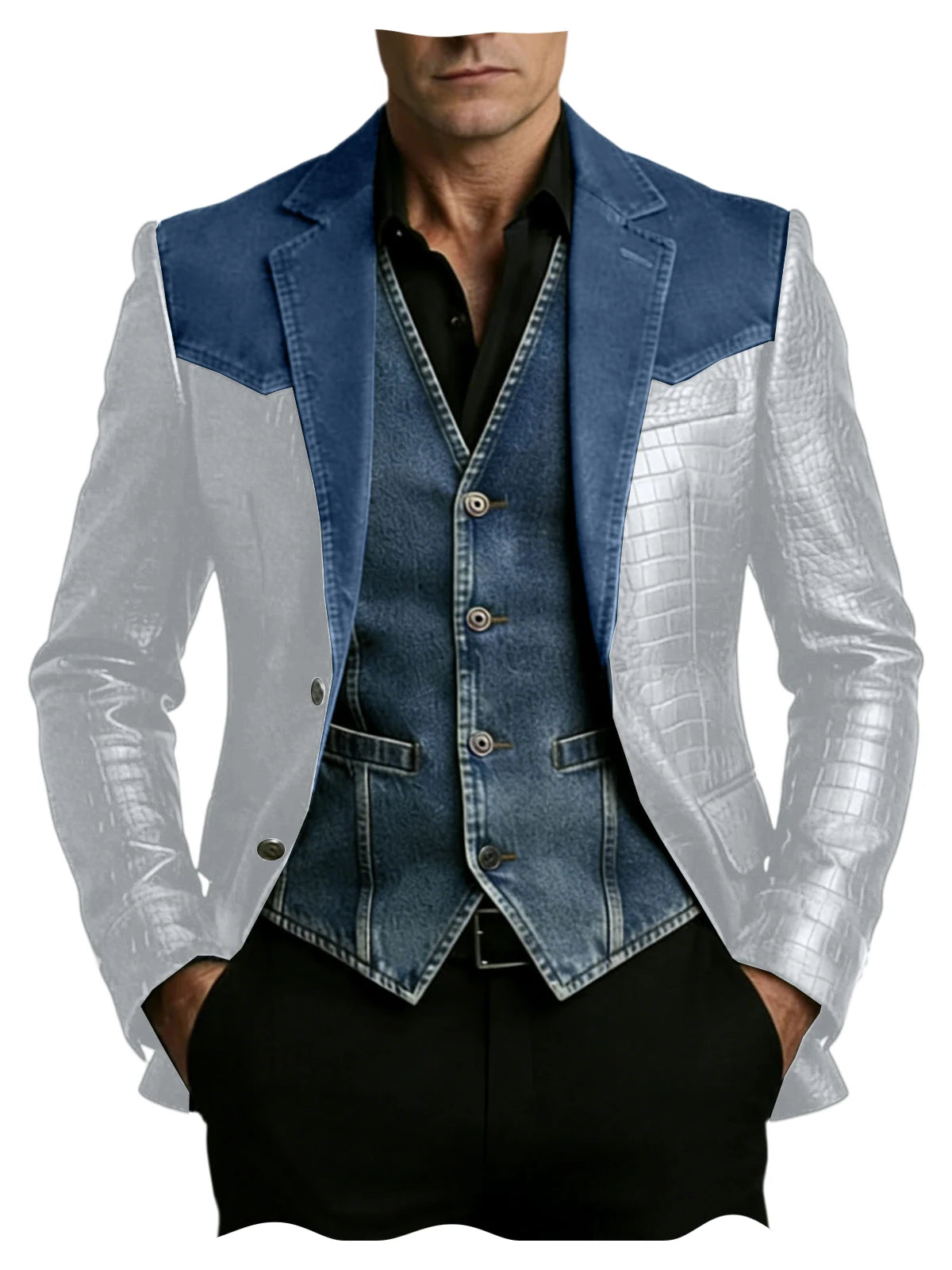 Men's Patchwork Denim & Crocodile Leather Blazer Two-Tone Western Style Suit Jacket Vintage Casual Fashion Coat