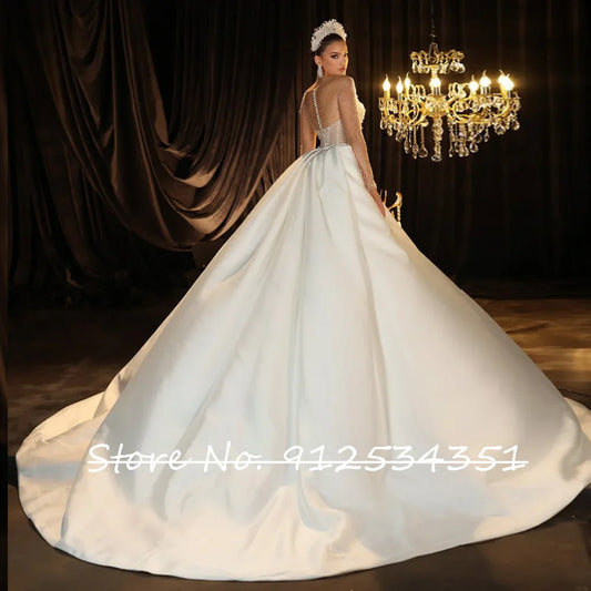 Robes De Mariage Long Sleeve Satin Mermaid Wedding Dress with Detachable Train Sequined Beading Vestidos Novia Bridal Gowns