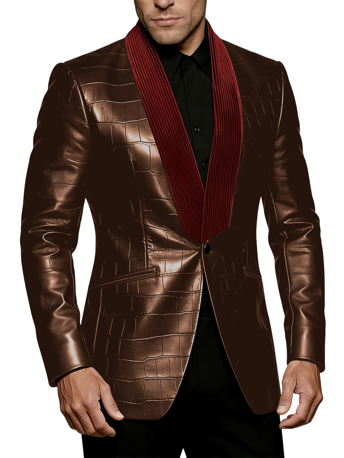 Men's Crocodile Pattern Leather Blazer Corduroy Patchwork 1 Button Shawl Collar Suit Jacket Slim Fit Business Formal Outerwear