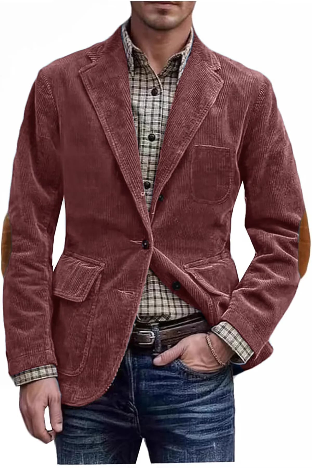 Men's Hunting Corduroy Blazer with Elbow Patches Vintage Tan Notched Lapel Casual Jacket British Slim Fit Daily Work Suit Coat