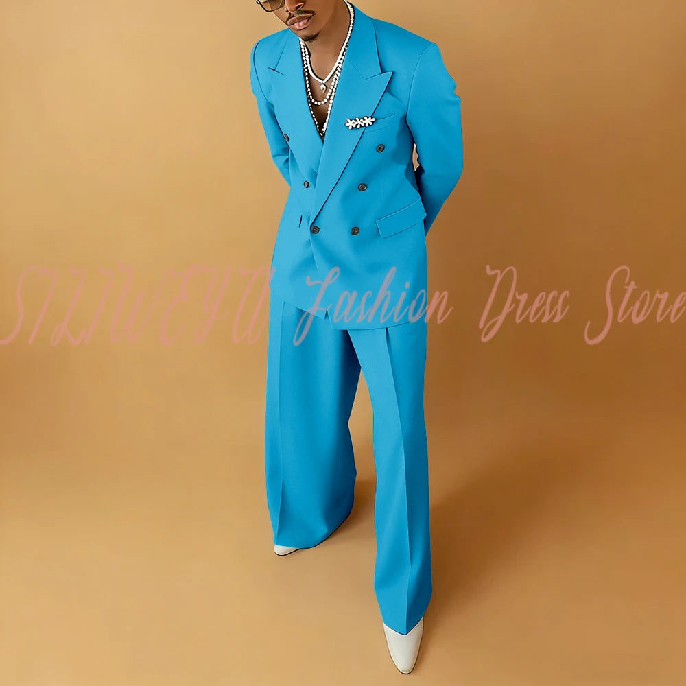 Double Breasted Men Solid Color Suit 2 Pieces Jacket Pants Business Casual Social Party Male Clothing Best Man Costumes Hommes