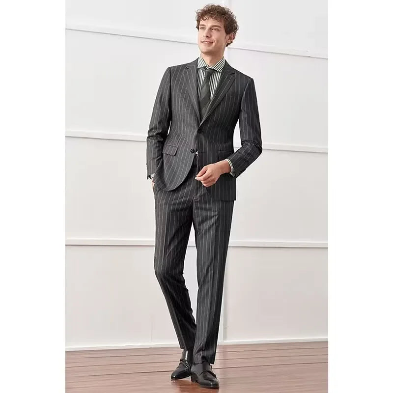 2-Piece Formal Grey Striped Men Suits Single Breasted Tuxedos Slim Fit  Formal Business Men Clothing Notch Lapel Costume Homme