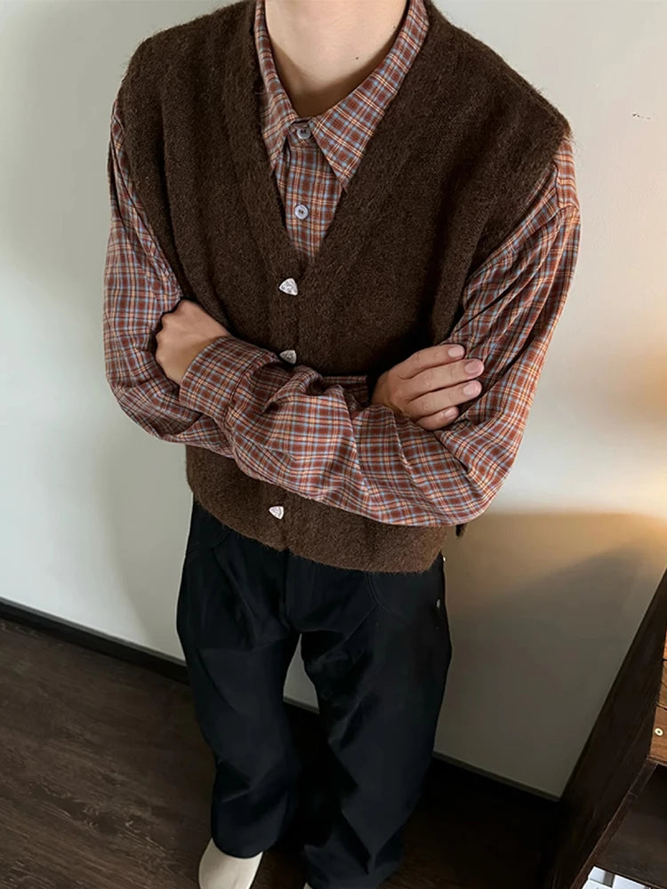 Vintage Single-breasted Wool Vest Jacket Men Autumn Winter Trendy Sleeveless Cardigans Mens New Casual V Neck Knitted Waistcoats