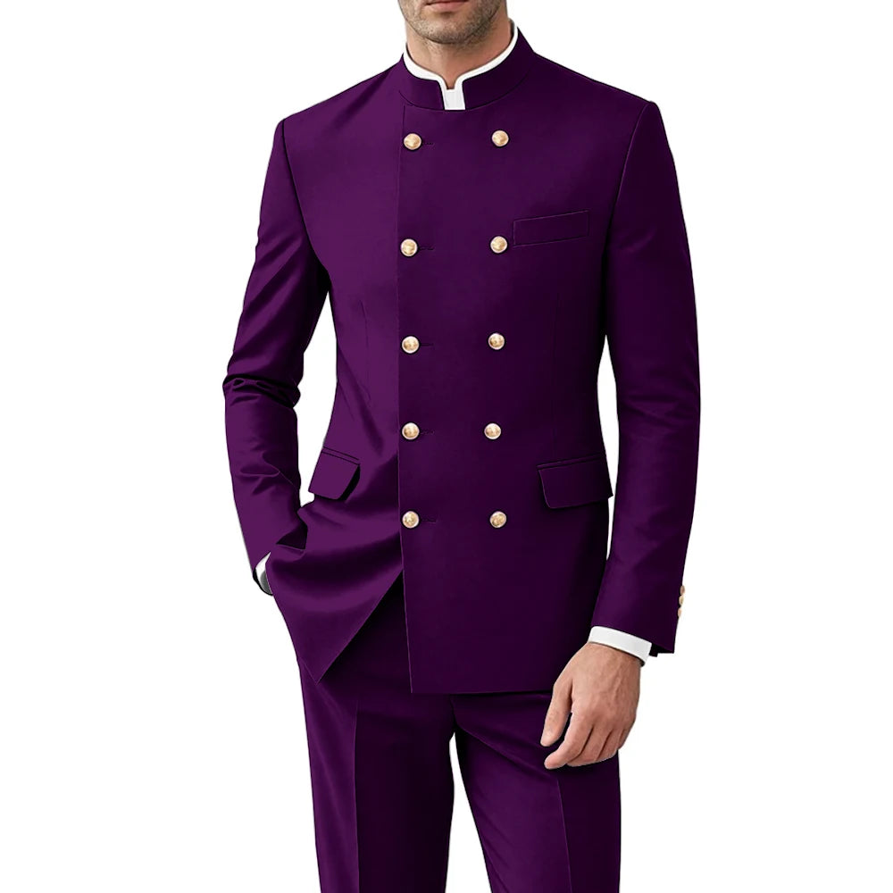 Solid Color Men Suits Formal 2 Pieces Double Breasted Stand Collar Balzer Pants Formal Party Business Wedding Set Customized