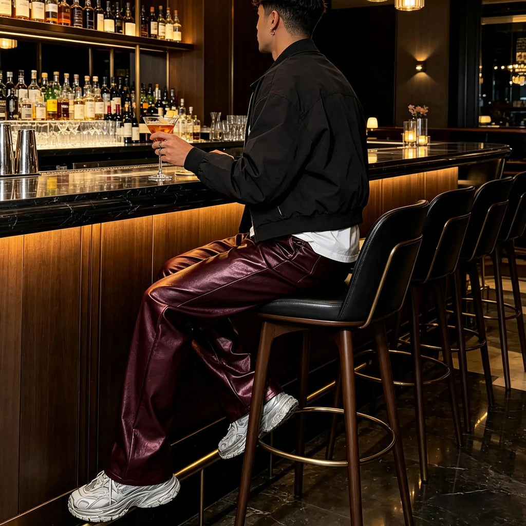 Men's Faux Leather Wide Leg Pants High Waist Loose Straight Trousers Hip Hop Streetwear Club Party Casual Bottoms
