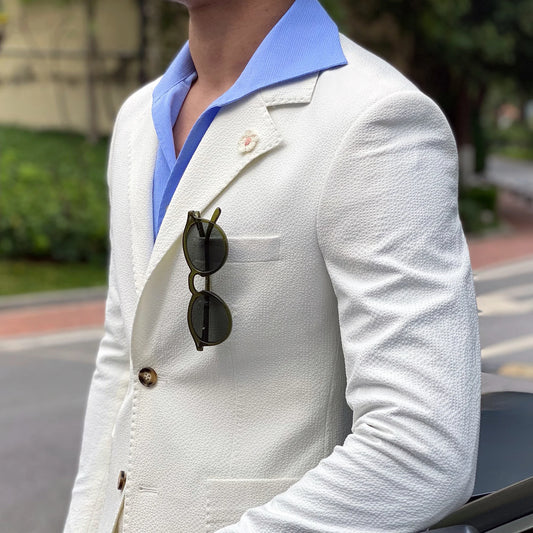 New Summer Seersucker Suit Men estilo italiano britânico Slim Fit Casual Terno branco Homem da moda fumando Homme Mariage Men Tuxedo terno