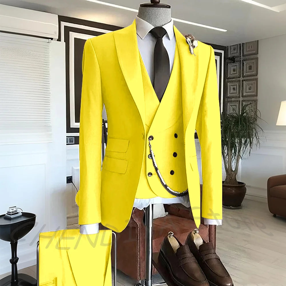 Men's Suit Formal Set 3 Piece Chic Single Button Peak Lapel Slim Fit Outfit Jacket Pants Vest High Quality Business Casual
