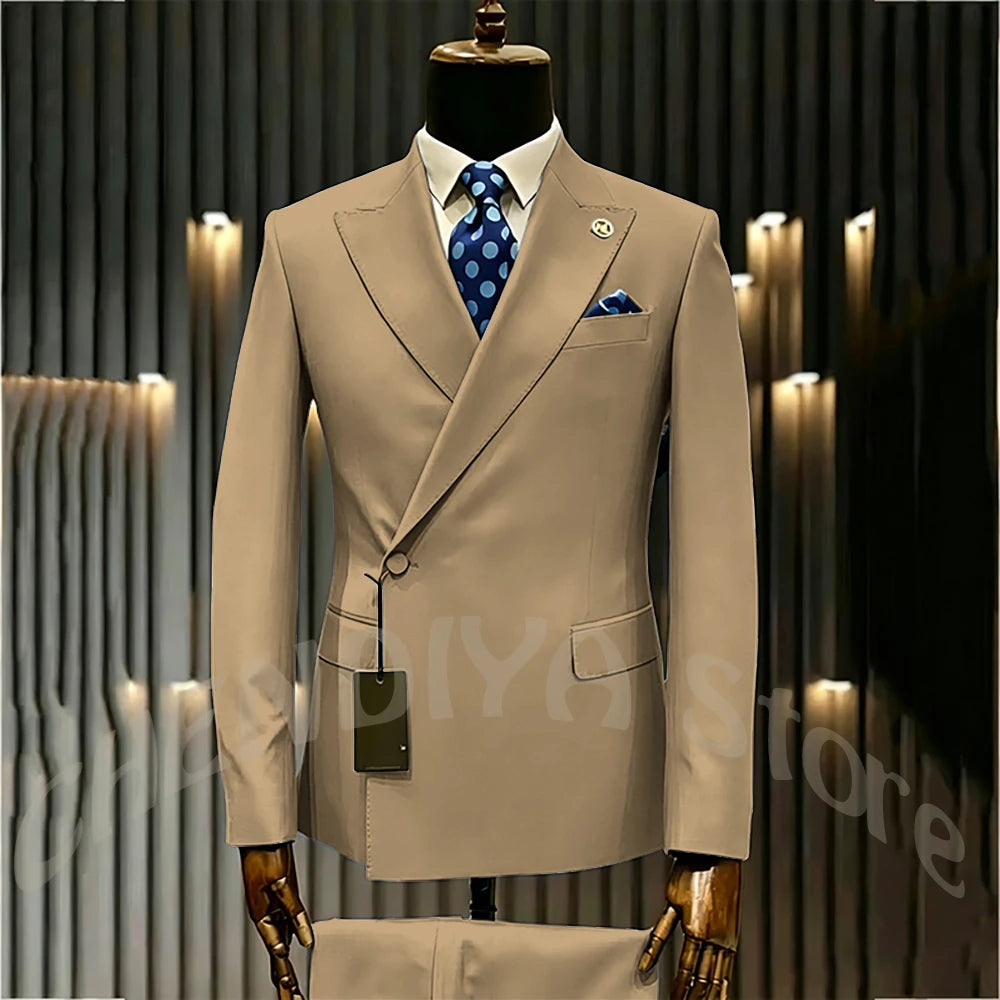 High Quality Formal Men's Suit Incline Single Button Peaked Lapel Slim Fit Business Casual Groom Wedding Set Prom Outfit