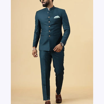 Solid Green Men's Suits Stand Collar Single Breasted Jacket Pnats Slim Fit 2 Piece Daily Office Business Occasion Formal Blazer