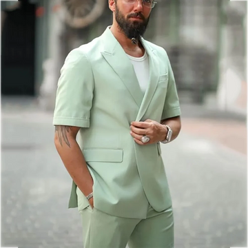 Light Green Peak Lapel Man Suit British Style Short Sleeves High Street Casual Prom Fashion Male Set 2 Pieces Daily Outfit