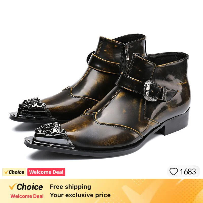 Bronze Color Style Fashion Mens Shoes dress boots steel pointed toe Head cowboy boots shoes man