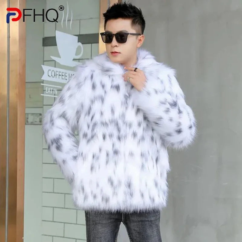 PFHQ Niche Design Men's Faux Fur Jackets Turn-down Collar Contarst Color Fleece Thickened Casual Male Coats New Winter 21Z7614