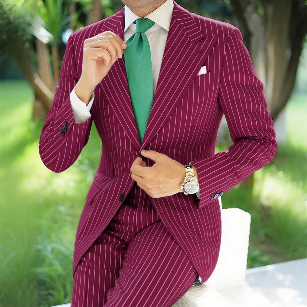 Hot Sale Navy Pinstripe Men's Suits Fashion Peaked Lapel Two Button Groom Wedding Business Prom Party Male Suit (Jacket+Pants)